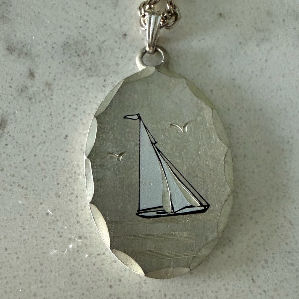 Nautical boat maritime signed scripewter Pendant Necklace